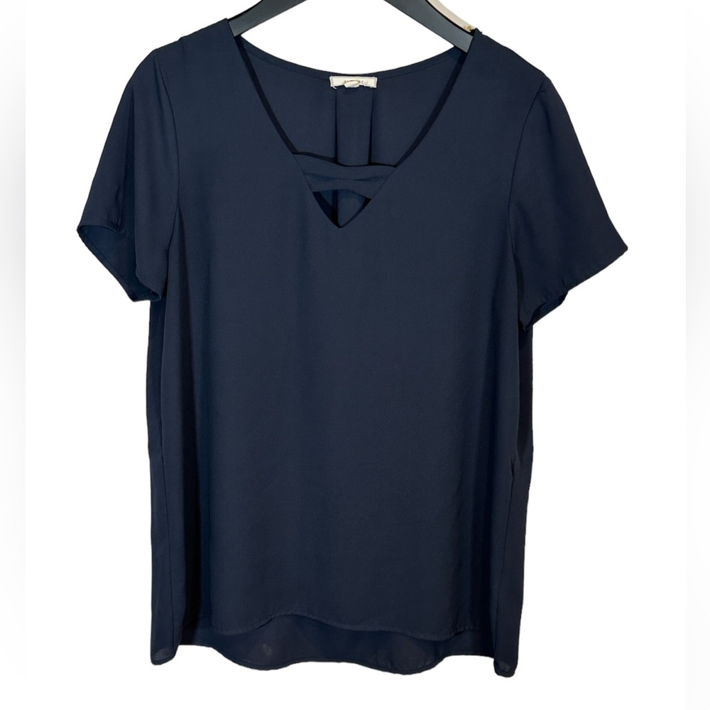 Pleione Sheer Navy Short Sleeve Blouse, Size Medium